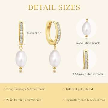 CHESKY Pearl Earrings for Women, Trendy 14k Gold Plated Drop Earrings for Women Hypoallergenic Small Gold Huggie Hoop Earring Freshwater Pearl Earring Dainty Jewelry Christmas