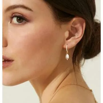 CHESKY Pearl Earrings for Women, Trendy 14k Gold Plated Drop Earrings for Women Hypoallergenic Small Gold Huggie Hoop Earring Freshwater Pearl Earring Dainty Jewelry Christmas