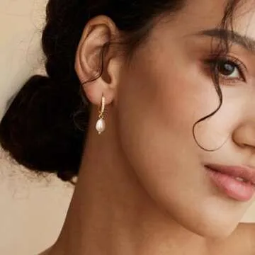 CHESKY Pearl Earrings for Women, Trendy 14k Gold Plated Drop Earrings for Women Hypoallergenic Small Gold Huggie Hoop Earring Freshwater Pearl Earring Dainty Jewelry Christmas