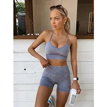 OQQ Workout Outfit for Women 2 Piece Seamless Acid Wash High Waist Shorts With Sports Bra Exercise Set Bluegrey