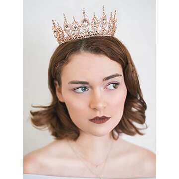 SWEETV Royal Queen Crown, Wedding Tiara for Bride, Rhinestone Tiaras and Crowns for Women, Costume Headpiece for Birthday Cosplay Party Celebration,Rose Gold