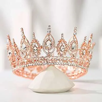 SWEETV Royal Queen Crown, Wedding Tiara for Bride, Rhinestone Tiaras and Crowns for Women, Costume Headpiece for Birthday Cosplay Party Celebration,Rose Gold