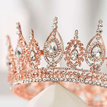 SWEETV Royal Queen Crown, Wedding Tiara for Bride, Rhinestone Tiaras and Crowns for Women, Costume Headpiece for Birthday Cosplay Party Celebration,Rose Gold