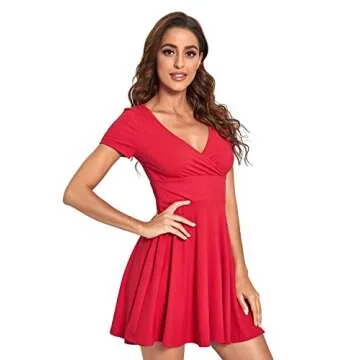 Verdusa Women's Surplice Neck Short Sleeve Mini Wrap A Line Fit and Flare Dress Red M