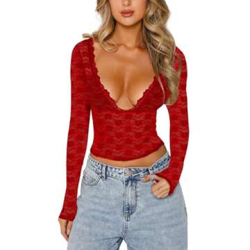 Women Sexy Long Sleeve Lace Shirt Deep V-Neck Slim Sitted T-Shirt See Through Shirt Y2k Going Out Cr...