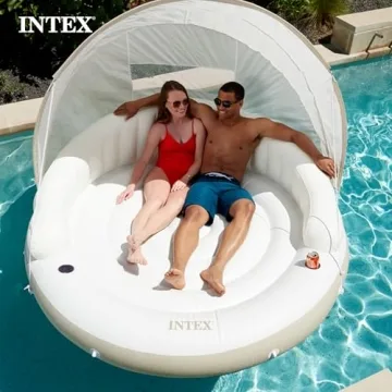 INTEX 58292EP Canopy Island Inflatable Pool Float: Comfortable Lounge Surface – Built-in Cup Holders – Detachable Sunshade – 440lb Max Weight Capacity – 78.5" x 59"