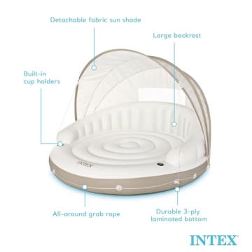 INTEX 58292EP Canopy Island Inflatable Pool Float: Comfortable Lounge Surface – Built-in Cup Holders – Detachable Sunshade – 440lb Max Weight Capacity – 78.5" x 59"