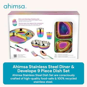 Ahimsa Stainless Steel Dine & Develop 9 Piece Dish Set | Divided Plate + 8 Ounce Cup + 4 Ounce Cup + 8 Ounce Bowl + Fork + Spoon + 2 Baby Spoons | Toddler Dishware | 100% BPA Free (Rainbow)