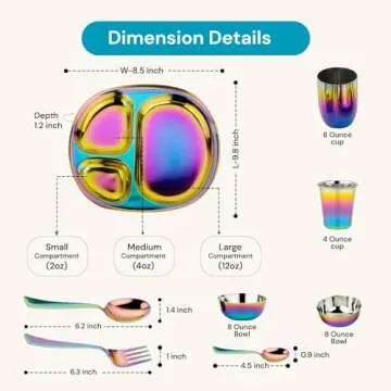 Ahimsa Stainless Steel Dine & Develop 9 Piece Dish Set | Divided Plate + 8 Ounce Cup + 4 Ounce Cup + 8 Ounce Bowl + Fork + Spoon + 2 Baby Spoons | Toddler Dishware | 100% BPA Free (Rainbow)