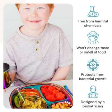 Ahimsa Stainless Steel Dine & Develop 9 Piece Dish Set | Divided Plate + 8 Ounce Cup + 4 Ounce Cup + 8 Ounce Bowl + Fork + Spoon + 2 Baby Spoons | Toddler Dishware | 100% BPA Free (Rainbow)