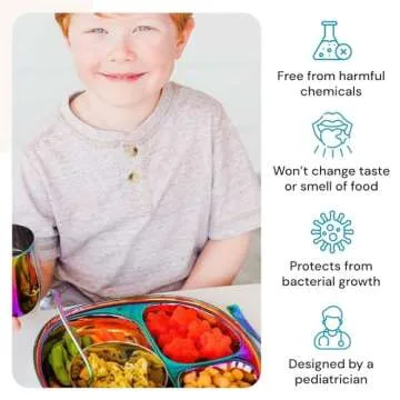 Ahimsa Stainless Steel Dine & Develop 9 Piece Dish Set | Divided Plate + 8 Ounce Cup + 4 Ounce Cup + 8 Ounce Bowl + Fork + Spoon + 2 Baby Spoons | Toddler Dishware | 100% BPA Free (Rainbow)