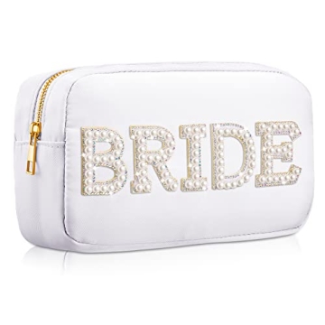 Elegant Nylon Bride Makeup Bag - Pearl Rhinestone Letter Patch, Perfect Wedding Gift