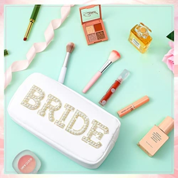 Nylon Bride Makeup Bag with Pearl Rhinestone Letter Patch