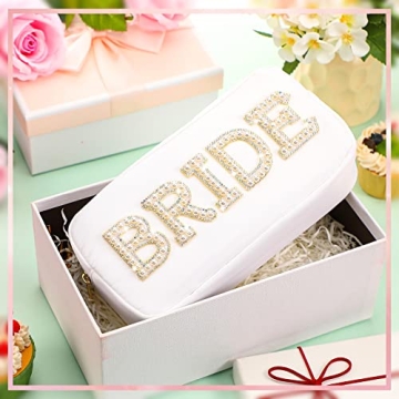 Nylon Bride Makeup Bag with Pearl Rhinestone Letter Patch