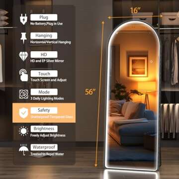 Hasipu 56" x 16" Led Mirror Full Length, Full Length Mirror with Lights Arch Design, Full Body Mirror with Lights, Wall Mounted Mirror Dimming & 3 Color Modes