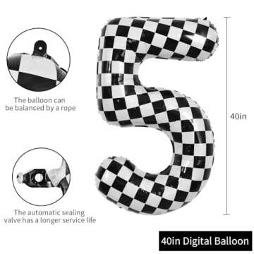 TONIFUL 40 Inch Checkered Number 5 Balloon for Race Car Party Decorations
