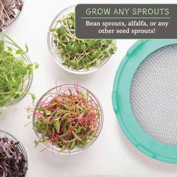 Elementi Sprouting Lids for Wide Mouth Mason Jars (Set of 2), Sprouting Jar Kit for Organic Sprouts, Alfalfa & Mung Bean Sprouts Grow Kit, 316 Surgical Stainless Steel Mesh Screen Strainer Lid (Mint)