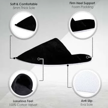 Spa Slippers – 6 Pairs of Cotton Velvet Closed Toe Slippers (Medium Size) with Travel Bags – Thick, Soft, Non-Slip, Disposable Slippers – Home, Hotel, or Commercial Use (6 Pack Medium, Black)
