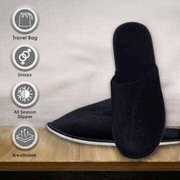 Spa Slippers – 6 Pairs of Cotton Velvet Closed Toe Slippers (Medium Size) with Travel Bags – Thick, Soft, Non-Slip, Disposable Slippers – Home, Hotel, or Commercial Use (6 Pack Medium, Black)