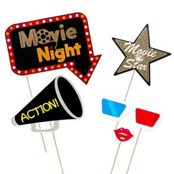 LUOEM Photo Booth Props Movie Night Kit - Party Decoration Supplies, 21 Pack