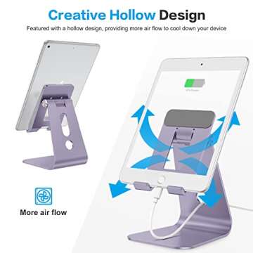 OMOTON Adjustable Tablet Stand for Desk, Upgraded Longer Arms for Greater Stability, T2 Tablet Holder with Hollow Design for Bigger Sized Phones and Tablets Such as iPad Pro/Air/Mini, Purple