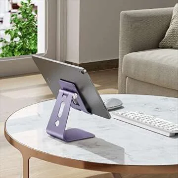 OMOTON Adjustable Tablet Stand for Desk, Upgraded Longer Arms for Greater Stability, T2 Tablet Holder with Hollow Design for Bigger Sized Phones and Tablets Such as iPad Pro/Air/Mini, Purple