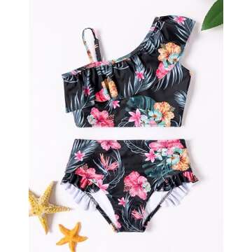 Arshiner Girls Two Piece Swimsuit Ruffles Flounce Printed Bikini Set Swimwear Girl Bathing Suits 4T Bathing Suits for Girls Deep Pink - Flower