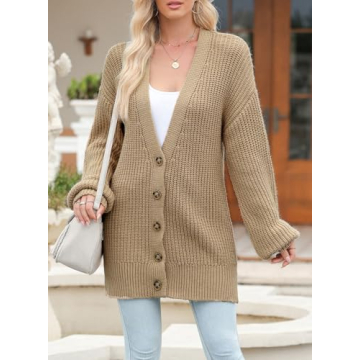 SHEWIN Sweaters for Women Trendy Casual Long Sleeve Open Front Cardigan Sweaters Soft Lightweight Fashion Loose Cable Knit Winter Coats for Women B Khaki Medium
