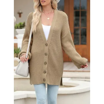 SHEWIN Sweaters for Women Trendy Casual Long Sleeve Open Front Cardigan Sweaters Soft Lightweight Fashion Loose Cable Knit Winter Coats for Women B Khaki Medium