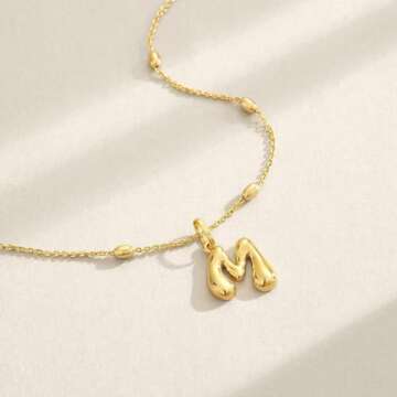 KissYan Bubble Letter Necklace,14K Gold Plated Personalized 3D Puffy Balloon Initial Pendant with Adjustable Bead Chain, Dainty Jewelry Gift for Women (Gold M)