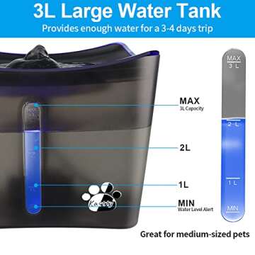 Cat Water Fountains, Pet Water Fountain, Whisper Quiet 3L/101oz Dog Kitty Water Fountain, Automatic Large Cat Water Dispenser with LED Light, 1 Activated Carbon Filter