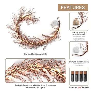 LampLust Lighted Garland, 6 Ft Pink Berry Garland with 100 LED Lights, Winter Garland for Mantle All Year Round, Battery Powered, Timer Included, Farmhouse Decor, Valentines Decor