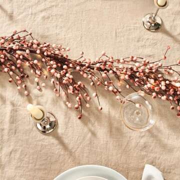 LampLust Lighted Garland, 6 Ft Pink Berry Garland with 100 LED Lights, Winter Garland for Mantle All Year Round, Battery Powered, Timer Included, Farmhouse Decor, Valentines Decor