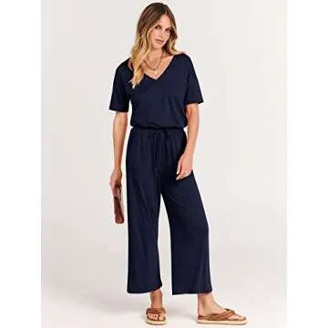 ANRABESS Women Summer Casual Short Sleeve V Neck Elastic Waist Wide Leg Cropped Pants Jumpsuits Rompers with Pockets Blue Medium