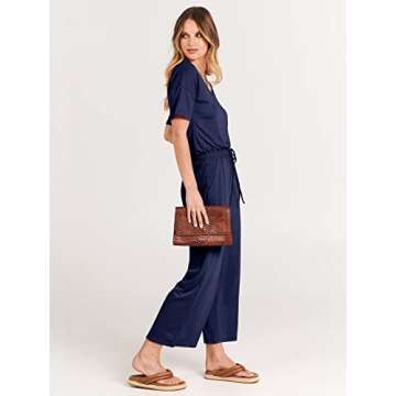 ANRABESS Women Summer Casual Short Sleeve V Neck Elastic Waist Wide Leg Cropped Pants Jumpsuits Rompers with Pockets Blue Medium