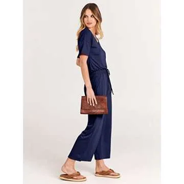 ANRABESS Women Summer Casual Short Sleeve V Neck Elastic Waist Wide Leg Cropped Pants Jumpsuits Rompers with Pockets Blue Medium
