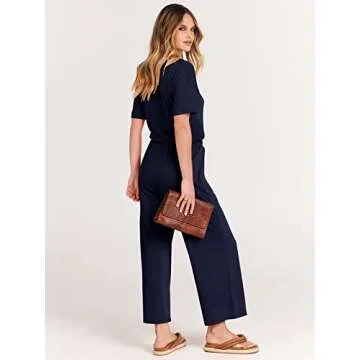 ANRABESS Women Summer Casual Short Sleeve V Neck Elastic Waist Wide Leg Cropped Pants Jumpsuits Rompers with Pockets Blue Medium