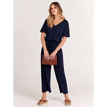 ANRABESS Women Summer Casual Short Sleeve V Neck Elastic Waist Wide Leg Cropped Pants Jumpsuits Rompers with Pockets Blue Medium