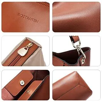 BOSTANTEN Women's Leather Designer Handbags Tote Purses Shoulder Bucket Bags Brown