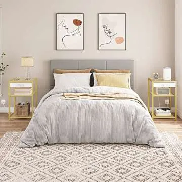 HOOBRO End Tables Set of 2 with Charging Station, Side Tables with USB Ports & Power Outlets, 3-Tier Slim Nightstands with Storage Shelves, Tempered Glass, for Living Room, Bedroom, Gold GD77UBZP201