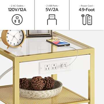 HOOBRO End Tables Set of 2 with Charging Station, Side Tables with USB Ports & Power Outlets, 3-Tier Slim Nightstands with Storage Shelves, Tempered Glass, for Living Room, Bedroom, Gold GD77UBZP201