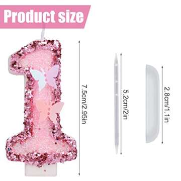 2.95 Inch Birthday Number Candles, Glitter Pink Number Candles Cake Topper Butterfly Birthday Candle...