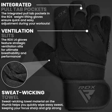 RDX Weight Lifting Workout Gloves with Wrist Support, 50 CM Long Wrist Straps, Anti Slip Padded Palm, Breathable Gym Grip for Fitness Training Powerlifting, Men Women Bodybuilding Exercise