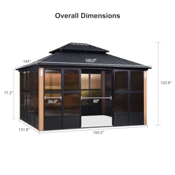 PURPLE LEAF 12' X 14' Patio Hardtop Gazebo Double Top Outdoor Screen House Aluminum Solarium Backyard Sun Room with Detachable Windows
