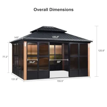 PURPLE LEAF 12' X 14' Patio Hardtop Gazebo Double Top Outdoor Screen House Aluminum Solarium Backyard Sun Room with Detachable Windows