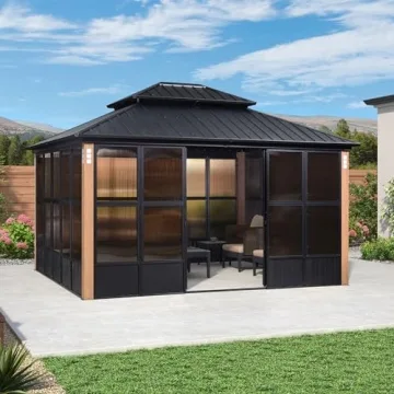 PURPLE LEAF 12' X 14' Patio Hardtop Gazebo Double Top Outdoor Screen House Aluminum Solarium Backyard Sun Room with Detachable Windows