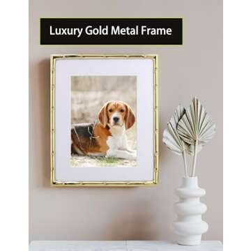 YiPinYin 8x10'' Bamboo Detail Gold Metal Picture Frame with Acid Free Mat for 5 X7'' Set of 2, Elega...