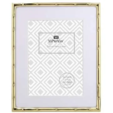 YiPinYin 8x10'' Bamboo Detail Gold Metal Picture Frame with Acid Free Mat for 5 X7'' Set of 2, Elegant Narrow Plated Photo Frames 5x7'' With Velvet Backing for Desktop and Wall Décor(Gold)