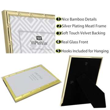 YiPinYin 8x10'' Bamboo Detail Gold Metal Picture Frame with Acid Free Mat for 5 X7'' Set of 2, Elegant Narrow Plated Photo Frames 5x7'' With Velvet Backing for Desktop and Wall Décor(Gold)