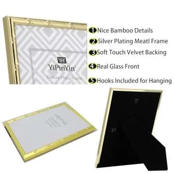 YiPinYin 8x10'' Bamboo Detail Gold Metal Picture Frame with Acid Free Mat for 5 X7'' Set of 2, Elegant Narrow Plated Photo Frames 5x7'' With Velvet Backing for Desktop and Wall Décor(Gold)